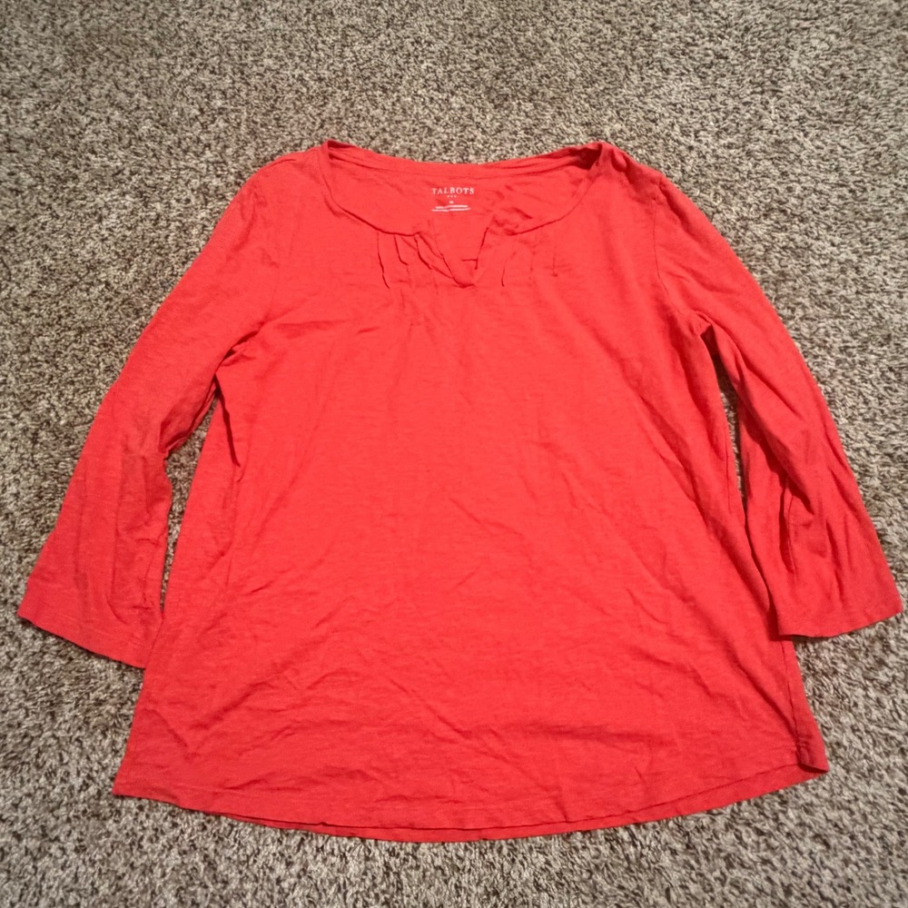 Talbots Womens Coral Red 100% Cotton Slub Split Neck 3/4 Sleeve Top Size M